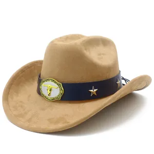 Close-up of suede cowboy hat with bull buckle and star rivets, western style detail.