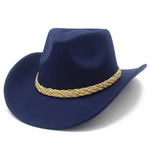 Detail view of the navy blue western cowboy hat with elegant beige braided hat band brim.