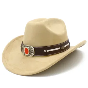 High quality suede adult western cowboy hat with wide brim, brown band and decorative buckle.