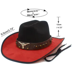 Suede western cowboy hat with red brim, black crown, metal bull head decor and size specs.