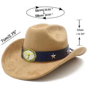 Stylish suede western cowboy hat with metal bull skull buckle and star studs for men and women.