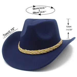 Blue western cowboy hat for adults, wide brim jazz hat with braided band, 56-58cm size.