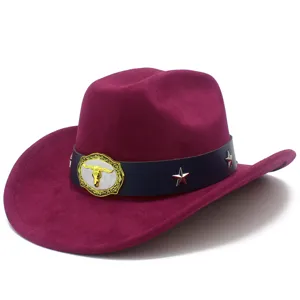 Suede western cowboy hat with metal bull skull buckle and star studs, detailed view.