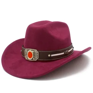 Burgundy suede western cowboy hat for adults, wide brim jazz hat with stylish metal buckle.