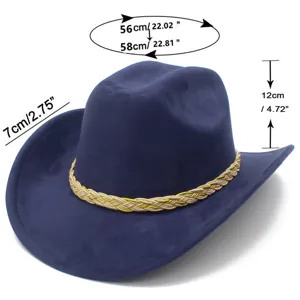 Details of the stylish blue suede cowboy hat showing precise dimensions, brim width and fit.