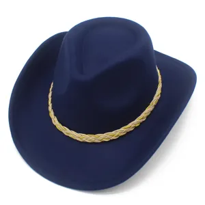 Detailed close-up view of premium dark blue western cowboy hat with elegant braided decorative band.