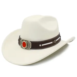 High quality white suede western cowboy hat with brown band and red stone buckle for adults.