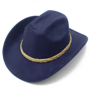 Classic blue suede western cowboy hat featuring a braided band and wide curled brim design.