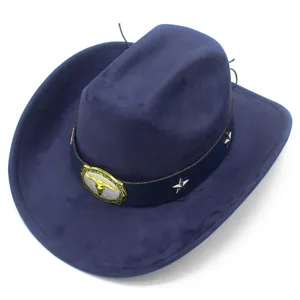 Navy blue suede western cowboy hat with metal bull skull buckle and star studs for adults