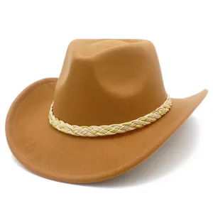 Close-up detail of the braided rope band on a khaki western cowboy felt hat, showing texture.