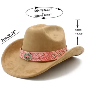Detailed view of a vintage bohemian wide-brim jazz hat with pink woven band and metal buckle.