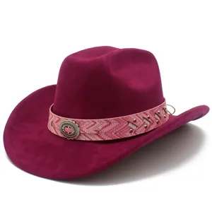 Stylish magenta wide brim jazz hat with patterned pink band and vintage metal buckle detail.