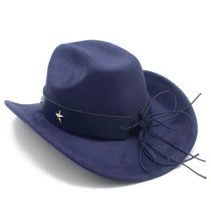 Detailed view of dark blue suede western cowboy hat with metal star stud and side string tie.