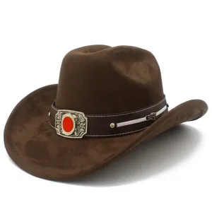 Brown suede western cowboy hat featuring decorative buckle and wide brim for sun protection.