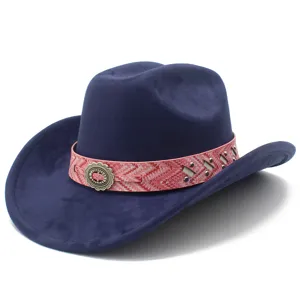 Vintage wide brim jazz hat for men and women, stylish bohemian felt cowboy hat detail view.