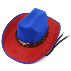 Detailed close-up of the bull head metal emblem and brown leather decorative band on western hat.