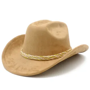 Detail shot of the wide brim faux suede western cowboy hat showing the fine braided rope band.