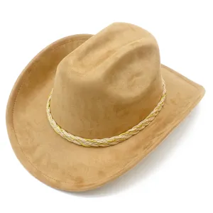 Classic faux suede western cowboy hat wide brim fedora with braided band for men and women