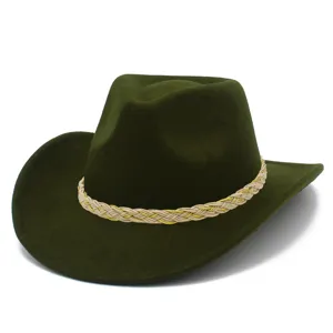 Detailed view of dark green western cowboy hat with woven band for outdoor sun protection.