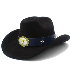 Details of the black suede western cowboy hat featuring a golden bull skull buckle and metal stars.