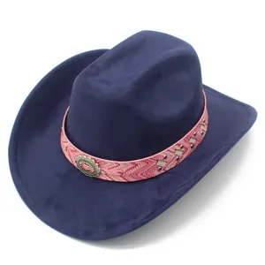 Stylish bohemian western cowboy hat with a pink band, vintage wide brim jazz hat.