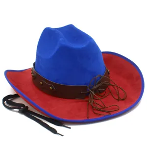 Detailed view of the suede western cowboy hat featuring blue crown and wide contrast red brim.