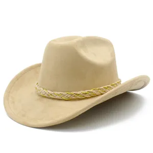 Classic beige suede cowboy hat with braided band, wide rolled brim stylish fedora.