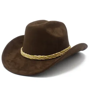 Brown suede cowboy hat featuring a stylish braided decorative band, wide brim detail.