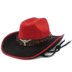 Red black suede western cowboy hat with metal bull head decor, wide brim sun hat for men women.