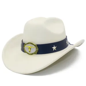 Classic white western cowboy hat with blue band, star studs and bull skull buckle for adults.