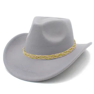 Detailed view of the grey western cowboy hat featuring a stylish braided decorative band.