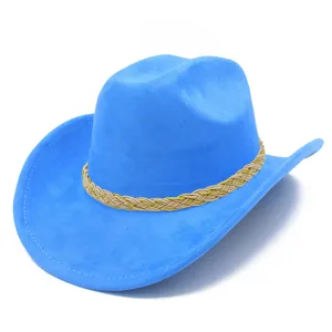 Classic blue suede western cowboy hat with braided band, wide curled brim jazz fedora cap.