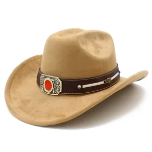 Suede western cowboy hat detail showing dark brown leather band and decorative metal buckle.