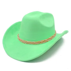 Neon green western cowboy hat with braided rope band, large brim suede fedora for outdoor.