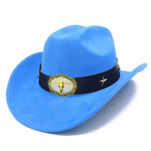 Blue suede cowboy hat with bull skull buckle and star studs for western party costume