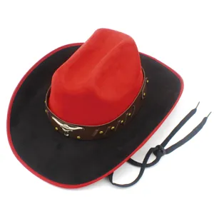 Red and black western cowboy hat detail, suede texture with bull skull metal decor and strap.
