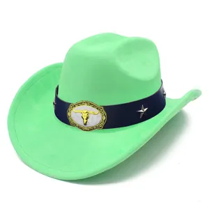 Detailed view of the green suede western cowboy hat showcasing the bull skull buckle.
