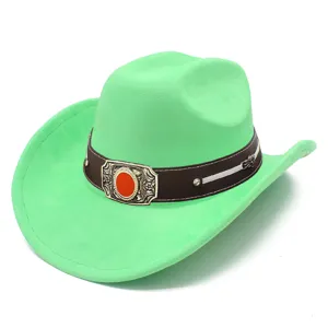 Green suede western cowboy hat detail showing brown leather band and ornate vintage metal buckle.