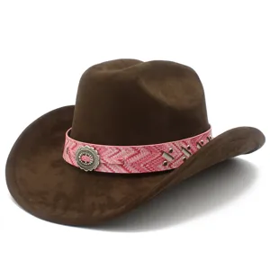 Vintage brown wide brim jazz cowboy hat with bohemian pink patterned band and metal buckle.