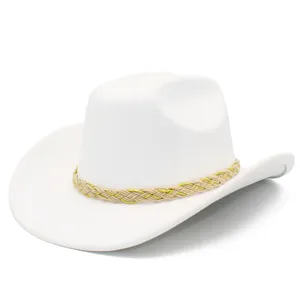 Detail shot of the white cowboy hat featuring a braided beige and gold decorative band close up.