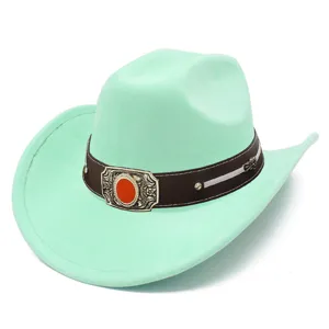 Mint green suede cowboy hat for adults, wide brim western style hat with vintage metal buckle.