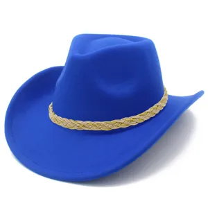 Blue western cowboy hat with braided band, wide brim jazz hat for outdoor wear and sun protection.