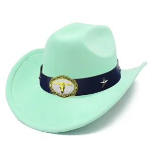 Western cowboy hat with suede texture, bull skull buckle, and star studs for fashion detail view