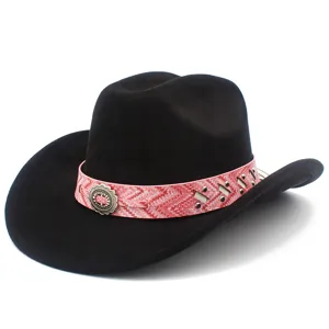 Stylish bohemian western cowboy hat with pink patterned band and vintage metal concho for men and women.