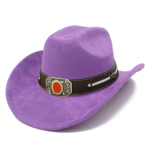 Fashion Adult Suede Western Cowboy Hat Retro Wide Brim Curved Jazz Hat With Belt Buckle Outdoor Sun Protection Hat