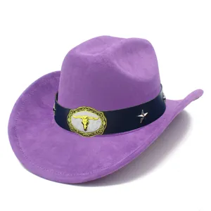 Close-up of purple suede western cowboy hat featuring metallic bull skull buckle detail.