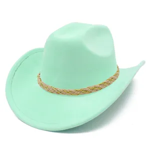 Mint green suede cowboy hat with braided band, stylish Western fedora for fashion.