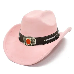 Pink suede western cowboy hat with decorative metallic buckle and classic wide brim design.