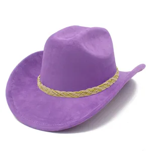 Purple suede western cowboy hat with braided decorative band, detailed texture view.