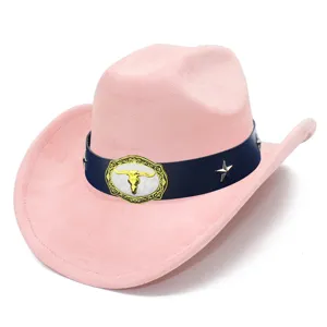 Pink suede western cowboy hat detail shot with bull skull buckle and star studs accessory.